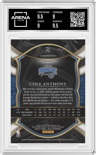 Cole Anthony from the 2020-21 Panini Select  set featuring a Blue White Purple Cracked Ice parallel graded by Arena Club and given an overall grade of 9.5.