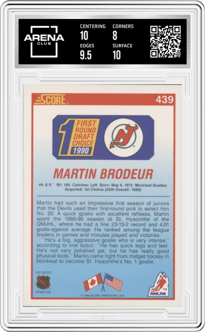 Martin Brodeur from the 1990-91 Score set graded by Arena Club and given an overall grade of 8.5.