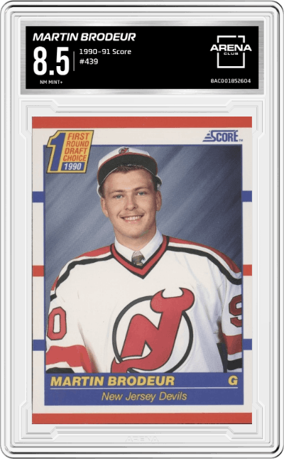 Martin Brodeur from the 1990-91 Score set graded by Arena Club and given an overall grade of 8.5.