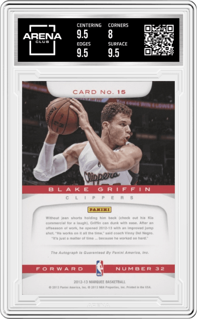 Blake Griffin from the 2012-13 Panini Marquee  set graded by Arena Club and given an overall grade of 8.5.