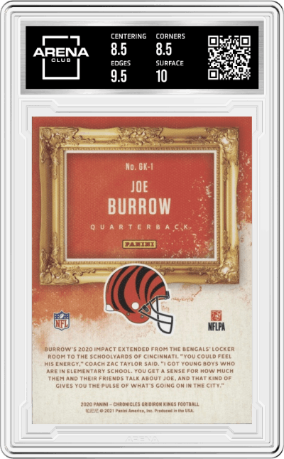 Joe Burrow from the 2020 Panini Chronicles set graded by Arena Club and given an overall grade of 9.