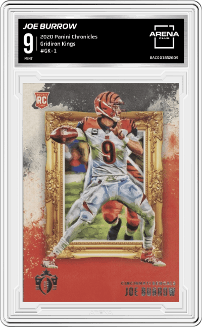 Joe Burrow from the 2020 Panini Chronicles set graded by Arena Club and given an overall grade of 9.