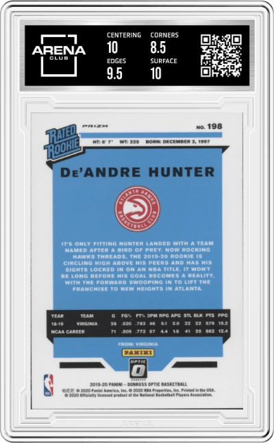 De'Andre Hunter from the 2019-20 Panini Donruss Optic set featuring a Choice Base parallel graded by Arena Club and given an overall grade of 9.