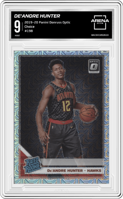 De'Andre Hunter from the 2019-20 Panini Donruss Optic set featuring a Choice Base parallel graded by Arena Club and given an overall grade of 9.