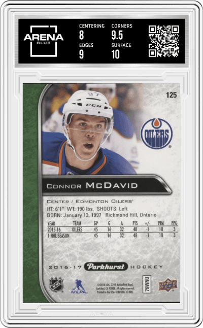 Connor McDavid from the 2016-17 Upper Deck Parkhurst set graded by Arena Club and given an overall grade of 8.5.