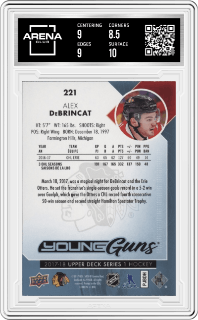 Alex DeBrincat from the 2017-18 Upper Deck Series 1 set graded by Arena Club and given an overall grade of 9.