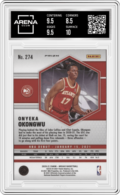 Onyeka Okongwu from the 2020-21 Panini Mosaic set featuring a Reactive Orange parallel graded by Arena Club and given an overall grade of 9.