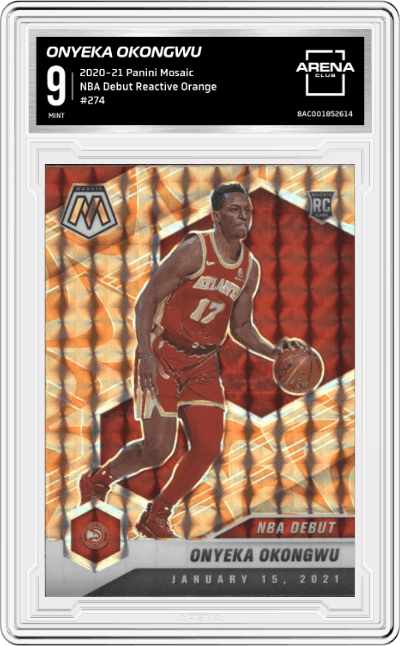 Onyeka Okongwu from the 2020-21 Panini Mosaic set featuring a Reactive Orange parallel graded by Arena Club and given an overall grade of 9.
