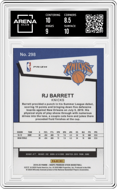 RJ Barrett from the 2019-20 Panini Hoops Premium Stock set featuring a Purple Disco parallel graded by Arena Club and given an overall grade of 9.
