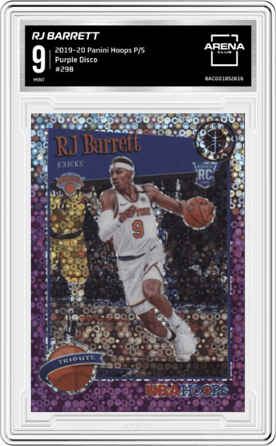 RJ Barrett from the 2019-20 Panini Hoops Premium Stock set featuring a Purple Disco parallel graded by Arena Club and given an overall grade of 9.