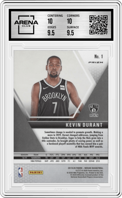 Kevin Durant from the 2019-20 Panini Mosaic  set featuring a Red Wave parallel graded by Arena Club and given an overall grade of 10.
