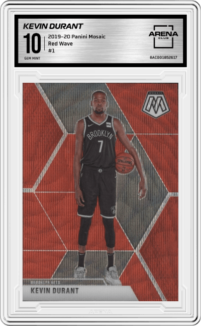 Kevin Durant from the 2019-20 Panini Mosaic  set featuring a Red Wave parallel graded by Arena Club and given an overall grade of 10.