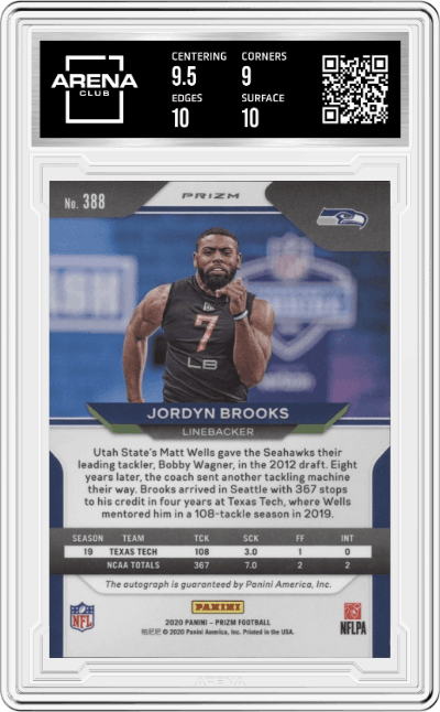 Jordyn Brooks from the 2020 Panini Prizm set featuring a Neon Green Pulsar parallel graded by Arena Club and given an overall grade of 9.5.