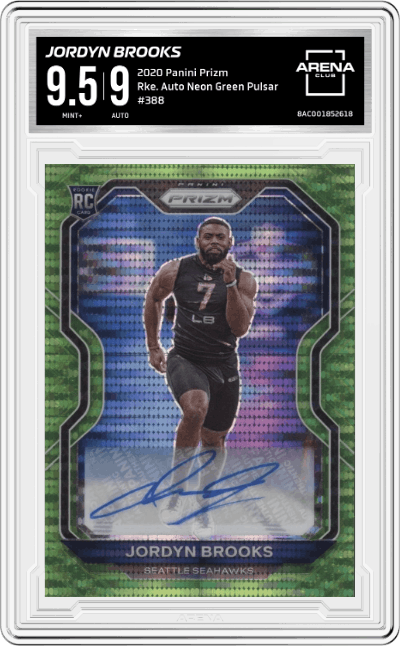 Jordyn Brooks from the 2020 Panini Prizm set featuring a Neon Green Pulsar parallel graded by Arena Club and given an overall grade of 9.5.