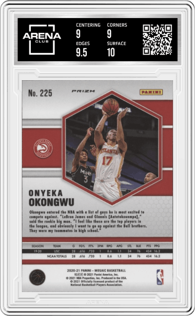 Onyeka Okongwu from the 2020-21 Panini Mosaic set featuring a Reactive Orange parallel graded by Arena Club and given an overall grade of 9.5.