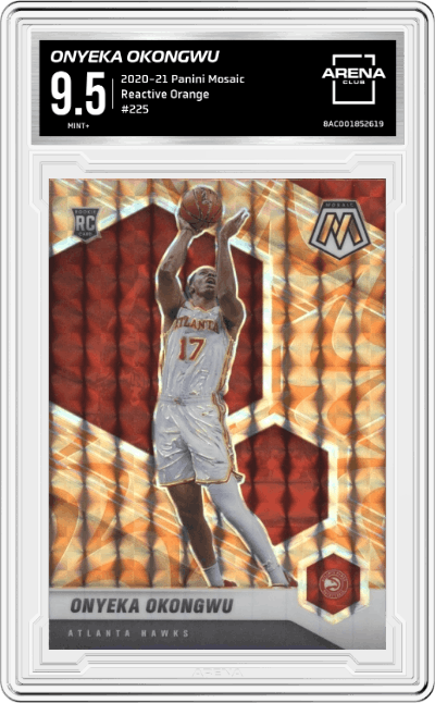 Onyeka Okongwu from the 2020-21 Panini Mosaic set featuring a Reactive Orange parallel graded by Arena Club and given an overall grade of 9.5.