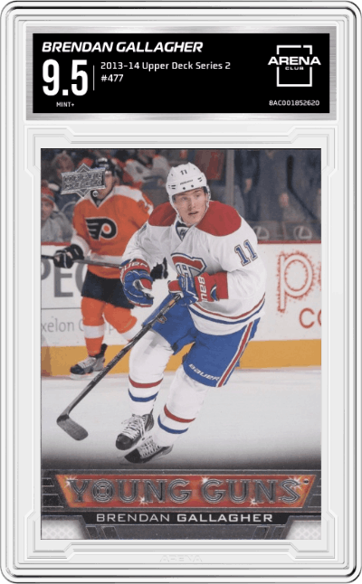 Brendan Gallagher from the 2013-14 Upper Deck Series 2 set graded by Arena Club and given an overall grade of 9.5.