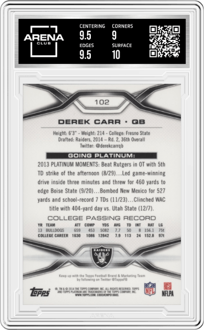 Derek Carr from the 2014 Topps Platinum set graded by Arena Club and given an overall grade of 9.5.