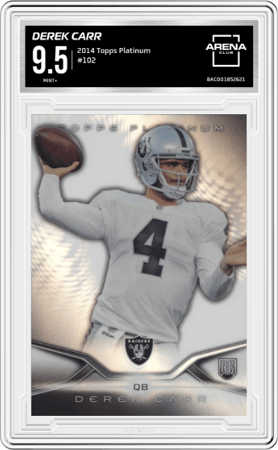 Derek Carr from the 2014 Topps Platinum set graded by Arena Club and given an overall grade of 9.5.