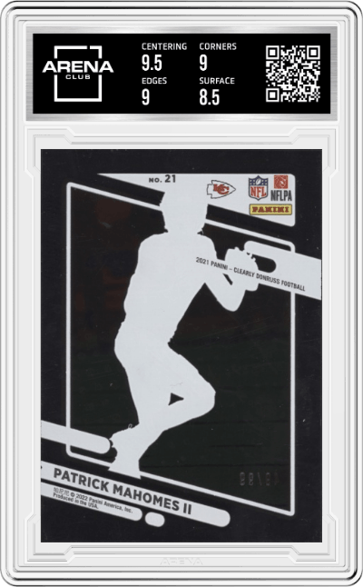 Patrick Mahomes II from the 2021 Panini Clearly Donruss set featuring a Blue parallel graded by Arena Club and given an overall grade of 9.