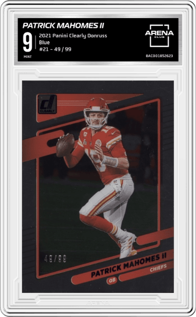 Patrick Mahomes II from the 2021 Panini Clearly Donruss set featuring a Blue parallel graded by Arena Club and given an overall grade of 9.
