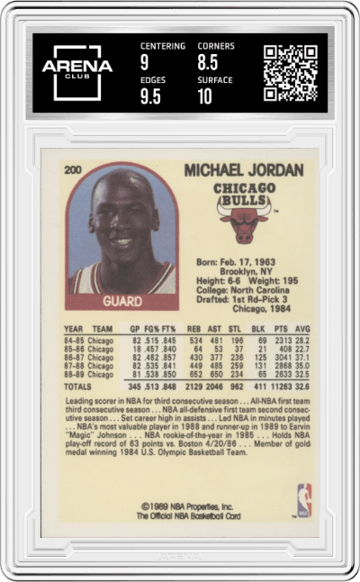 Michael Jordan from the 1989-90 NBA Hoops Basketball set graded by Arena Club and given an overall grade of 9.