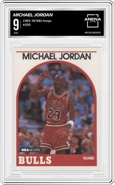 Michael Jordan from the 1989-90 NBA Hoops Basketball set graded by Arena Club and given an overall grade of 9.
