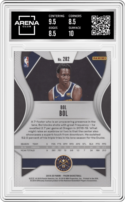Bol Bol from the 2019-20 Panini Prizm set graded by Arena Club and given an overall grade of 9.