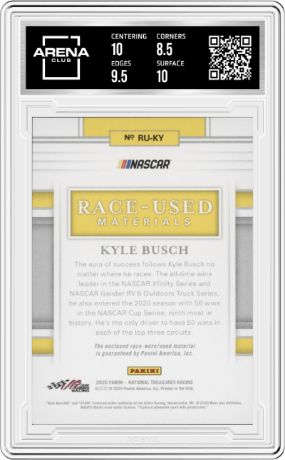 Kyle Busch from the 2020 Panini National Treasures  NASCAR set graded by Arena Club and given an overall grade of 9.