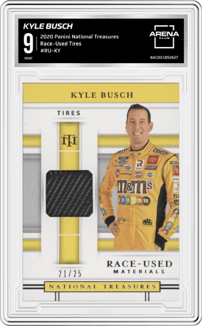Kyle Busch from the 2020 Panini National Treasures  NASCAR set graded by Arena Club and given an overall grade of 9.