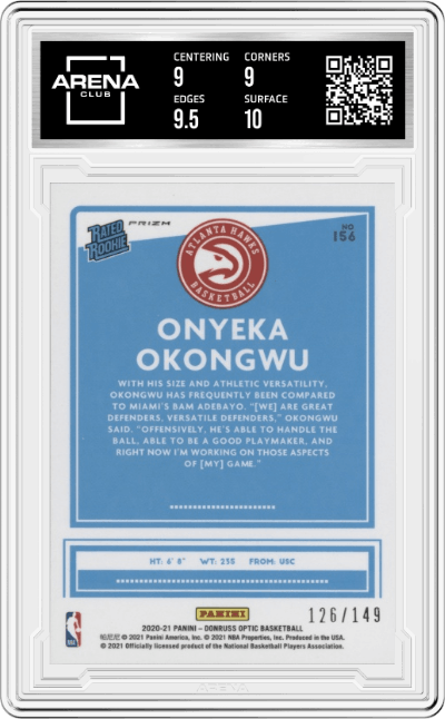 Onyeka Okongwu from the 2020-21 Panini Donruss Optic set featuring a Lime Green parallel graded by Arena Club and given an overall grade of 9.5.