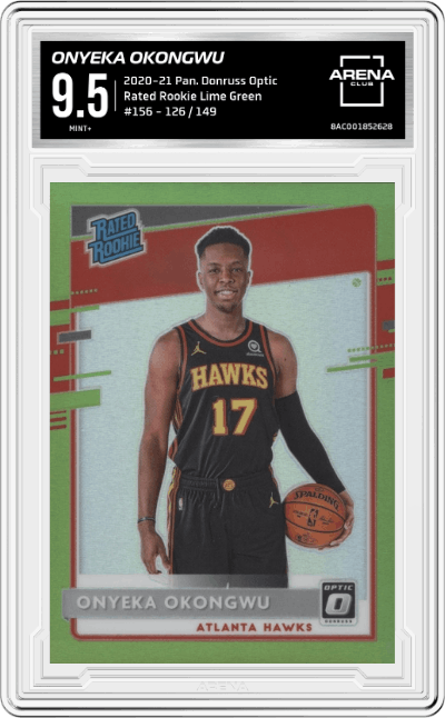 Onyeka Okongwu from the 2020-21 Panini Donruss Optic set featuring a Lime Green parallel graded by Arena Club and given an overall grade of 9.5.