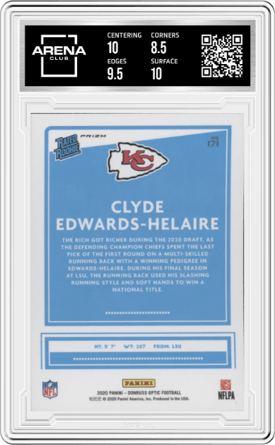 Clyde Edwards-Helaire from the 2020 Panini Donruss Optic set featuring a Pink parallel graded by Arena Club and given an overall grade of 9.