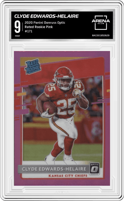 Clyde Edwards-Helaire from the 2020 Panini Donruss Optic set featuring a Pink parallel graded by Arena Club and given an overall grade of 9.