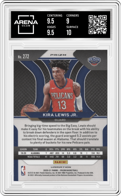 Kira Lewis Jr. from the 2020-21 Panini Prizm set featuring a Fast Break parallel graded by Arena Club and given an overall grade of 9.5.
