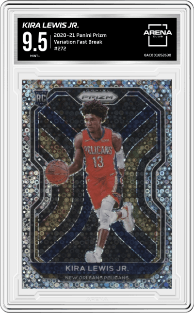 Kira Lewis Jr. from the 2020-21 Panini Prizm set featuring a Fast Break parallel graded by Arena Club and given an overall grade of 9.5.