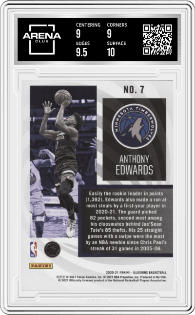 Anthony Edwards from the 2020-21 Panini Illusions  set graded by Arena Club and given an overall grade of 9.5.