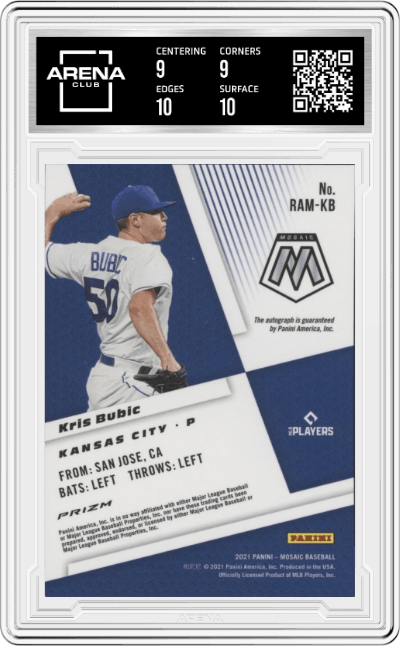 Kris Bubic from the 2021 Panini Mosaic  set graded by Arena Club and given an overall grade of 9.5.