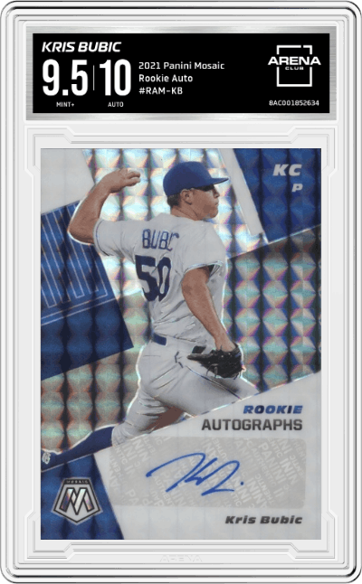 Kris Bubic from the 2021 Panini Mosaic  set graded by Arena Club and given an overall grade of 9.5.