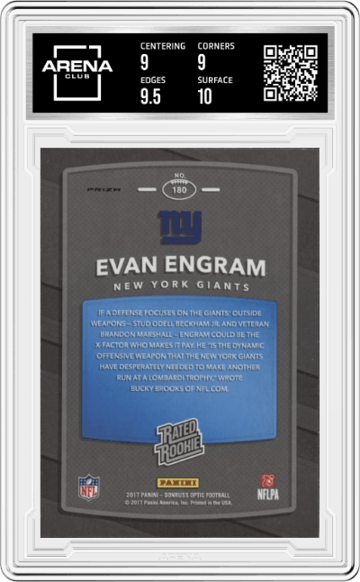 Evan Engram from the 2017 Panini Donruss Optic set featuring a Holo parallel graded by Arena Club and given an overall grade of 9.5.