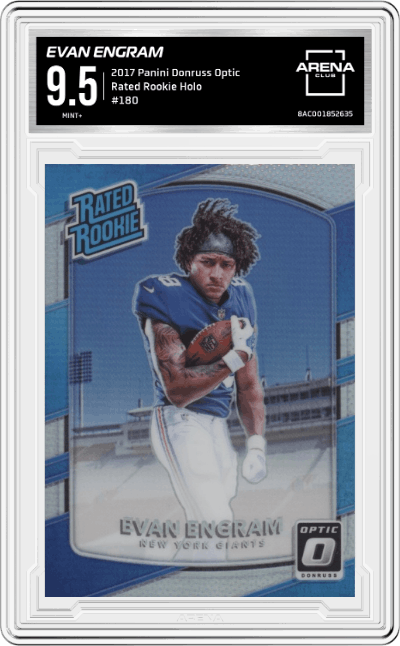 Evan Engram from the 2017 Panini Donruss Optic set featuring a Holo parallel graded by Arena Club and given an overall grade of 9.5.