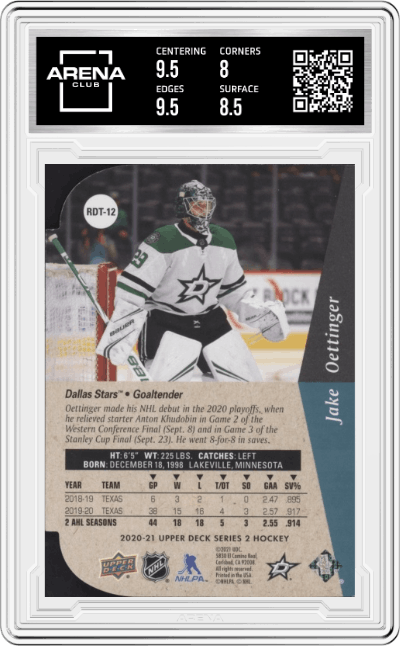 Jake Oettinger from the 2020-21 Upper Deck  set graded by Arena Club and given an overall grade of 8.5.