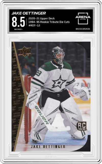 Jake Oettinger from the 2020-21 Upper Deck  set graded by Arena Club and given an overall grade of 8.5.