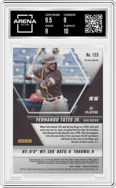 Fernando Tatis Jr. from the 2021 Panini Mosaic  set featuring a Green Mosaic parallel graded by Arena Club and given an overall grade of 9.5.