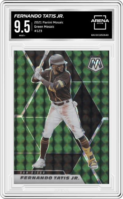 Fernando Tatis Jr. from the 2021 Panini Mosaic  set featuring a Green Mosaic parallel graded by Arena Club and given an overall grade of 9.5.