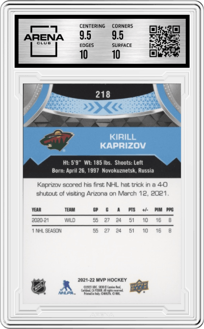 Kirill Kaprizov from the 2021-22 Upper Deck MVP set graded by Arena Club and given an overall grade of 10.