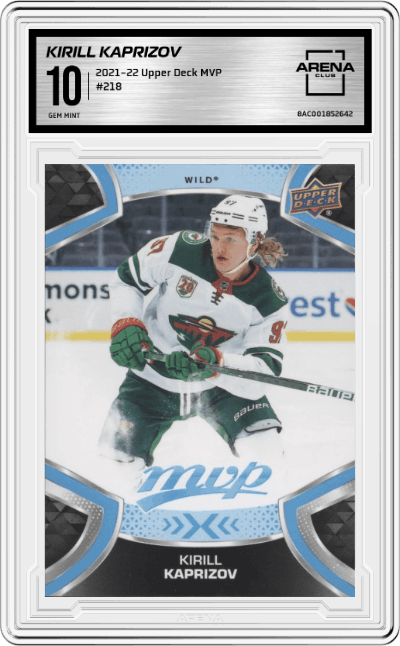 Kirill Kaprizov from the 2021-22 Upper Deck MVP set graded by Arena Club and given an overall grade of 10.