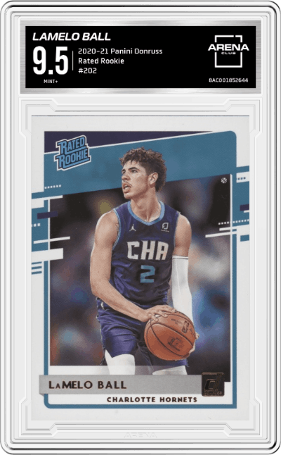 LaMelo Ball from the 2020-21 Panini Donruss set graded by Arena Club and given an overall grade of 9.5.