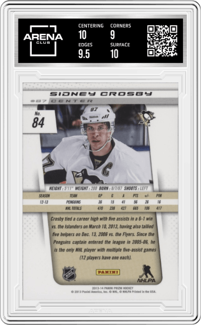 Sidney Crosby from the 2013-14 Panini Prizm set graded by Arena Club and given an overall grade of 9.5.