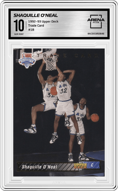 Shaquille O'Neal from the 1992-93 Upper Deck set graded by Arena Club and given an overall grade of 10.